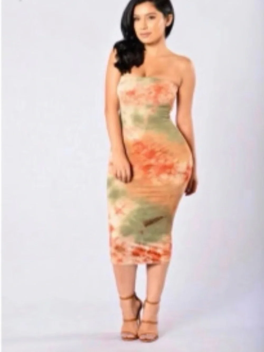 ISO: Strapless Tie-Dye Bodycon Midi Dress - Orange & Olive - Picture 1 of 1